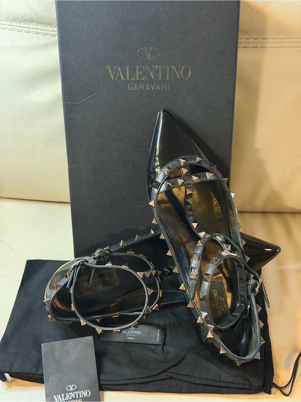 Valentino Black Patent Leather Studded Pointed Flats